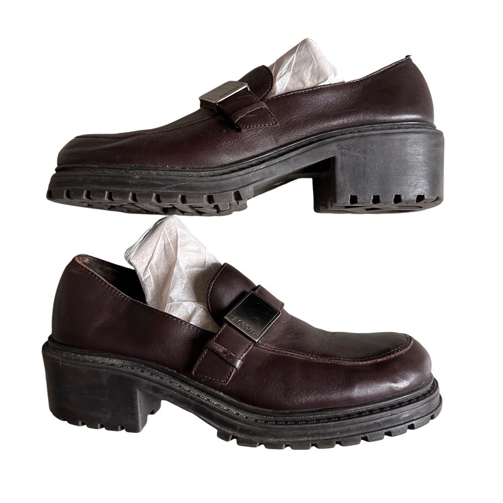 Vintage Y2K Esprit Chunky Loafers Womens 8 Platform Academia Block Heel Leather